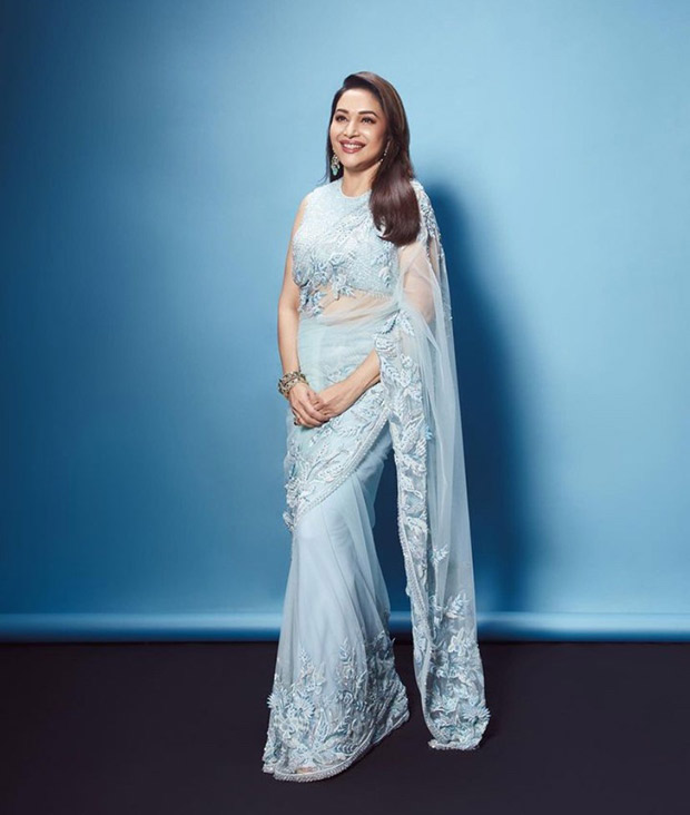 Madhuri Dixit takes desi route in an ice blue saree by Manish Malhotra 