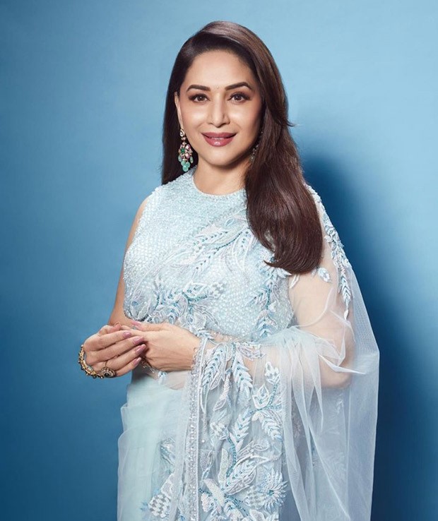 Madhuri Dixit takes desi route in an ice blue saree by Manish Malhotra 