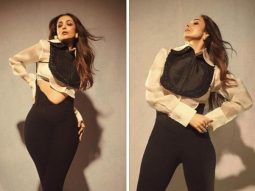 Malaika Arora is keeping it edgy in white cropped shirt and black high waist pants by Pankaj & Nidhi