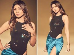 Shilpa Shetty slays in a chic black bodysuit paired with a stunning blue wrap skirt