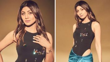 Shilpa Shetty slays in a chic black bodysuit paired with a stunning blue wrap skirt