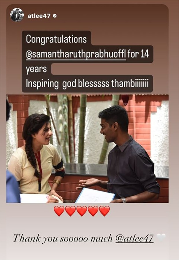 Samantha Ruth Prabhu receives best wishes from Jawan team Nayanthara and Atlee as she completes 14 years in Indian Cinema