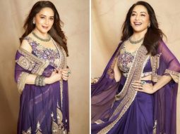 Madhuri Dixit made a chic case for a purple statement pre-draped saree by Anamika Khanna perfect for the festive season