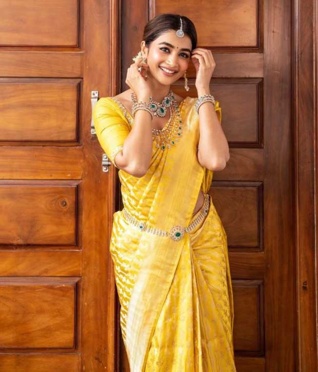 Pooja Hegde looks traditionally gorgeous in yellow kanjivaram saree