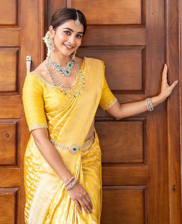 Pooja Hegde looks traditionally gorgeous in yellow kanjivaram saree