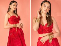 Rakul Preet Singh is all set for Valentine’s Day in a coordinated ensemble by Shivan and Narresh, featuring a ruffled bustier and an embellished skirt