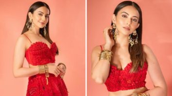 Rakul Preet Singh is all set for Valentine’s Day in a coordinated ensemble by Shivan and Narresh, featuring a ruffled bustier and an embellished skirt