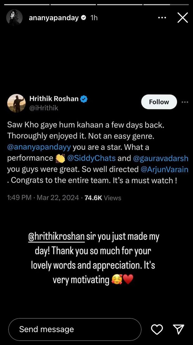 Hrithik Roshan calls Ananya Panday “star”, reviews Kho Gaye Hum Kahan; here’s how latter reacts