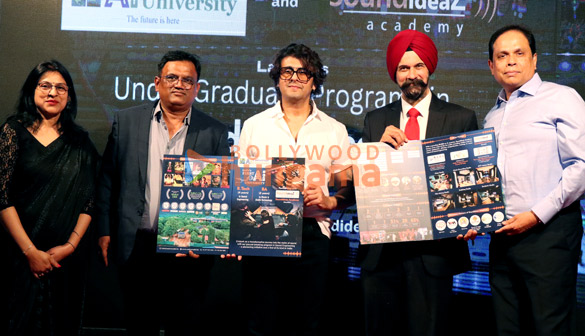 Singer Sonu Nigam, Prof Tarundeep Singh Anand, Dr Pramod Chandorkar with others at the launch of an AI – embedded Sound and Music Degree Programme by Universal AI University and SoundideaZ Academy