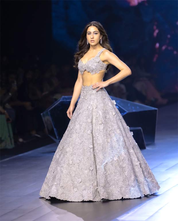 Sara Ali Khan flaunts her burn marks in pearl grey embroidered lehenga by Varun Chakkilam at Lakme Fashion Week 2024, see pics