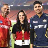 Preity Zinta poses with Shikhar Dhawan and Shubhman Gill after PBKS wins IPL match against Gujarat Titans
