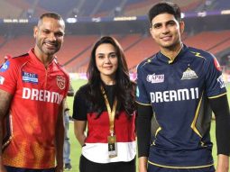 Preity Zinta poses with Shikhar Dhawan and Shubhman Gill after PBKS wins IPL match against Gujarat Titans