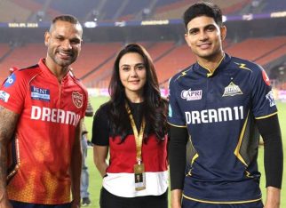 Preity Zinta poses with Shikhar Dhawan and Shubhman Gill after PBKS wins IPL match against Gujarat Titans