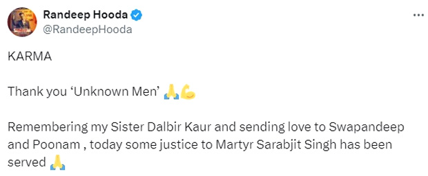 Randeep Hooda REACTS to “Unknown men” shooting Sarabjit Singh's killer Amir Sarfaraz in Lahore: “Some justice has been served”