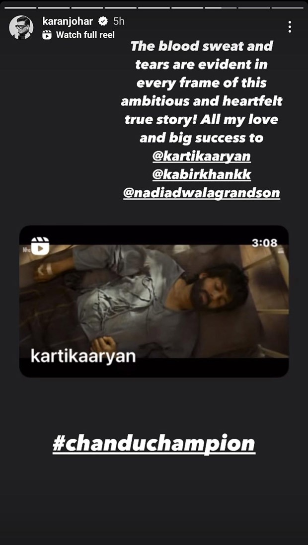 Karan Johar praises Sajid Nadiadwala, Kabir Khan and Kartik Aaryan’s Chandu Champion trailer: “Blood sweat and tears are evident in every frame"