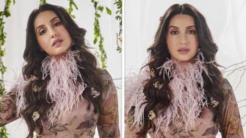 Nora Fatehi dazzles in classic metallic silk lehenga by Varun Bahl paired with bodysuit and pink feather collar