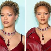 Rihanna embraces natural curls at Fenty launch in burgundy midi-dress; dons exquisite neckpieces by Manish Malhotra and Sabysachi Mukherjee