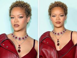 Rihanna embraces natural curls at Fenty launch in burgundy midi-dress; dons exquisite neckpieces by Manish Malhotra and Sabyasachi Mukherjee