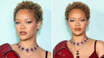 Rihanna embraces natural curls at Fenty launch in burgundy midi-dress; dons exquisite neckpieces by Manish Malhotra and Sabyasachi Mukherjee
