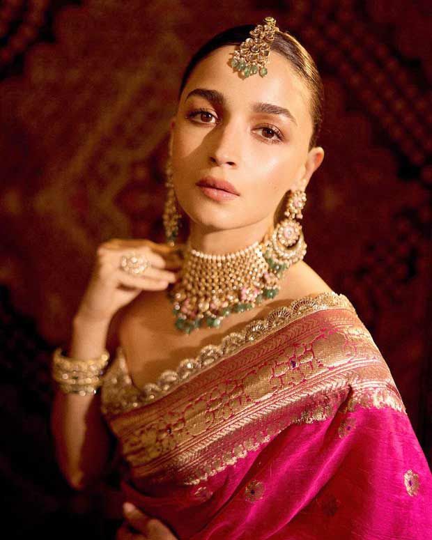Alia Bhatt looks stunning in 160-year-old Manish Malhotra pure silk pink saree from archival weave collection with strapless bustier blouse at Anant Ambani – Radhika Merchant’s wedding 