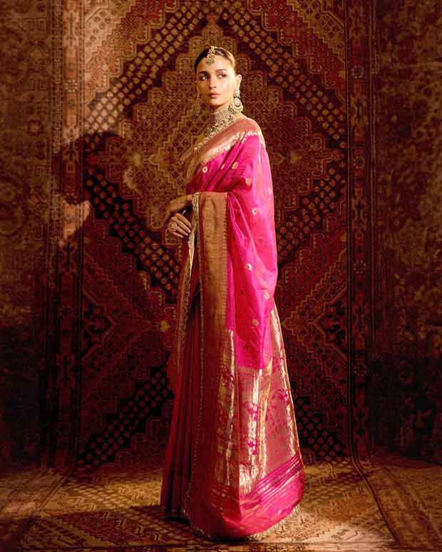 Alia Bhatt looks stunning in 160-year-old Manish Malhotra pure silk pink saree from archival weave collection with strapless bustier blouse at Anant Ambani – Radhika Merchant’s wedding 