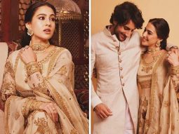 Sara Ali Khan embraces old world charm in Pakistani designer Iqbal Hussain’s ivory pishwas and silk crushed lehenga; Ibrahim Ali Khan complements her with regal Raghavendra Rathore bandhgala