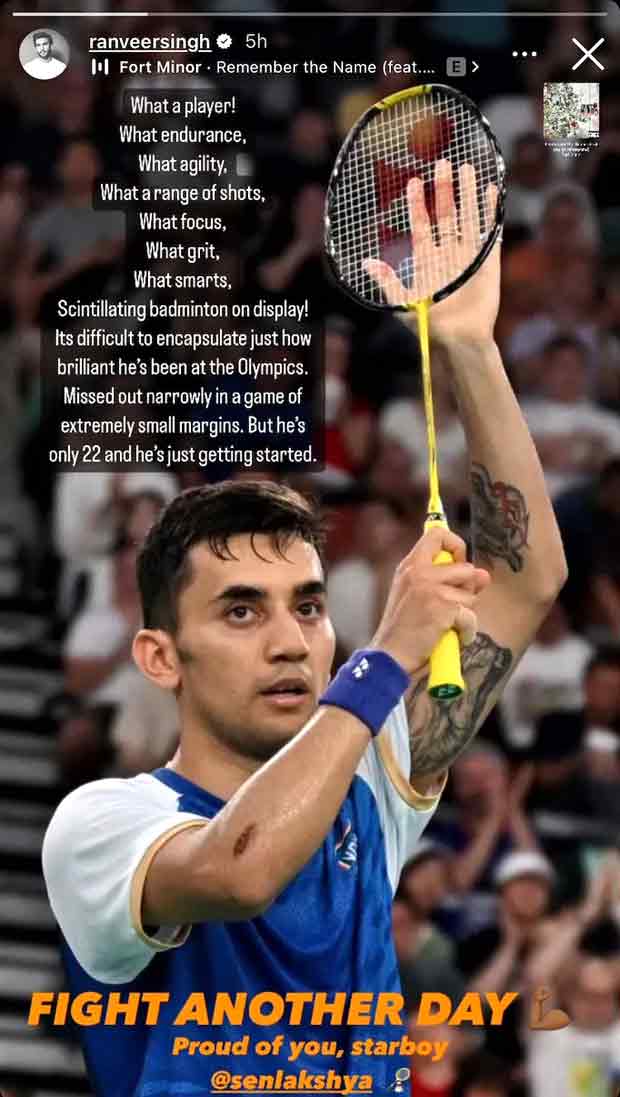 Ranveer Singh rallies behind Badminton player Lakshya Sen after heartbreak Olympics 2024 loss “Fight another day. Proud of you, starboy” 