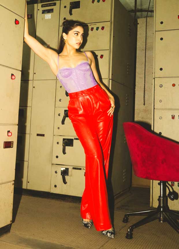 Sharvari Wagh keeps it vibrant in lilac lace corset top with faux orange leather pants for Vedaa promotions 