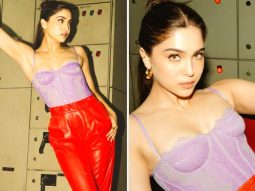 Sharvari Wagh keeps it vibrant in lilac lace corset top with faux orange leather pants for Vedaa promotions Sharvari Wagh keeps it vibrant in lilac lace corset top with faux orange leather pants for Vedaa promotions