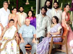 Sobhita Dhulipala poses with Naga Chaitanya’s father Nagarjuna, brother Akhil Akkineni and mother Lakshmi in family pictures from their engagement ceremony