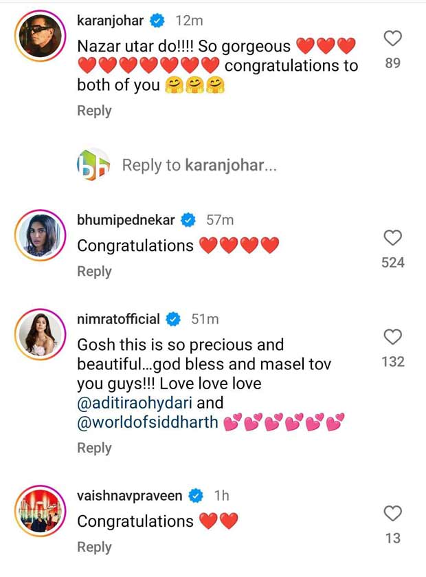 Karan Johar, Dulquer Salmaan, Ananya Panday, Sonakshi Sinha & more wish Aditi Rao Hydari and Siddharth on their wedding “Nazar utar do” 