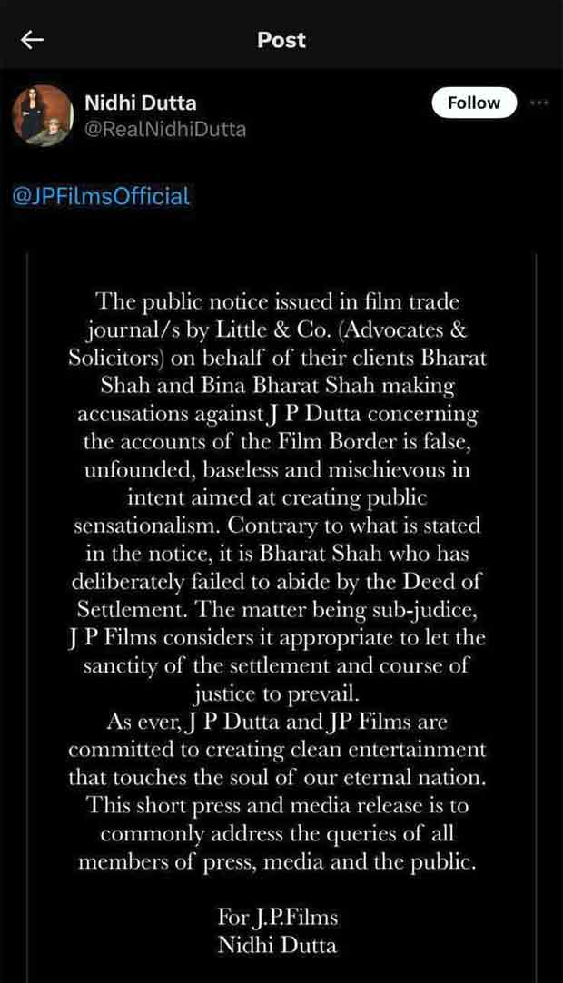 Nidhi Dutta DENIES financial misconduct allegations against Border producer JP Dutta as “False, unfounded, baseless, and mischievous”