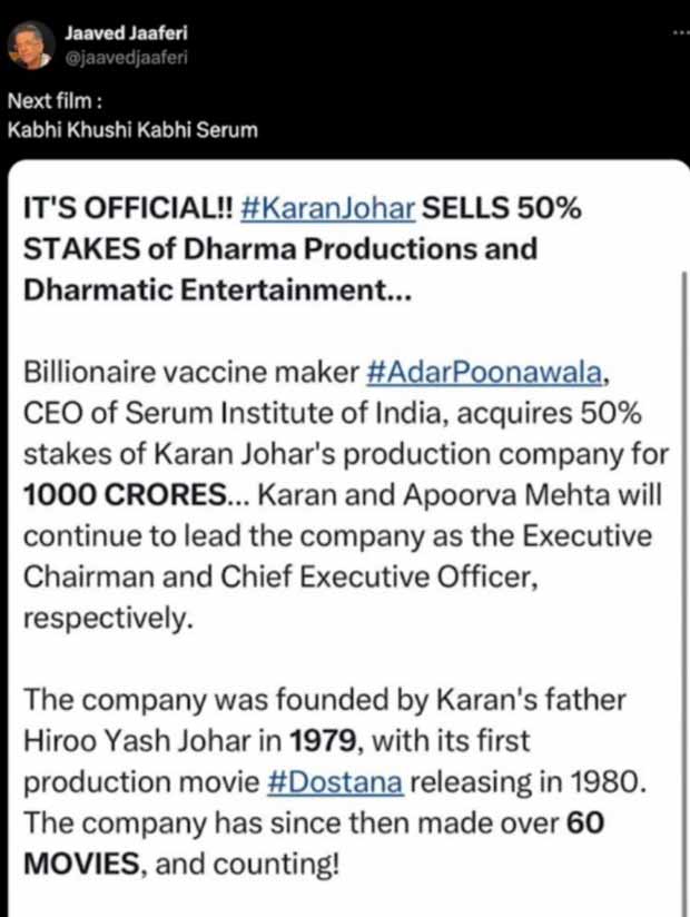 Jaaved Jaaferi pokes fun at Karan Johar’s Dharma Productions deal with Adar Poonawalla: “Kabhi Khushi Kabhi Serum”