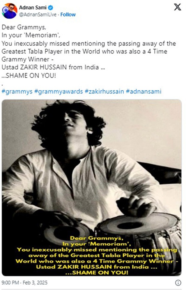 Adnan Sami criticizes Grammys for ignoring tabla maestro Zakir Hussain in tribute: “Shame on you”