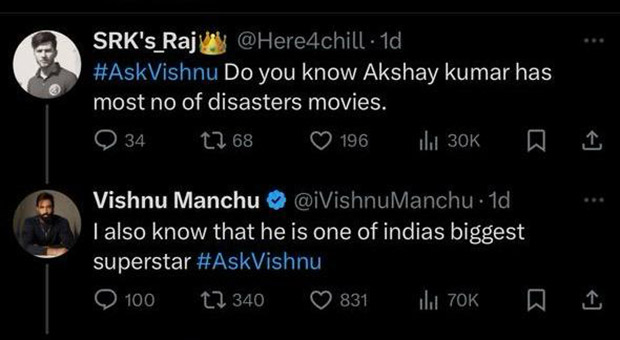 Vishnu Manchu comes in defence of Akshay Kumar after a fan reveals he has ‘the most number of disaster movies’; says, “He is one of India's biggest superstars”
