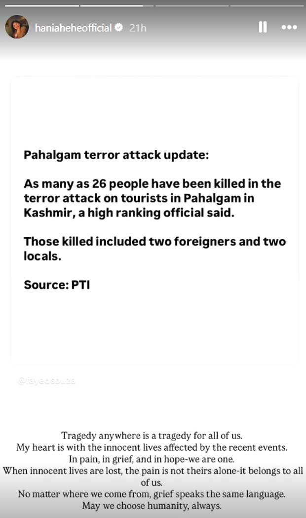 Hania Aamir, Mawra Hocane, Farhan Saeed and other Pakistani artists express condolences for Pahalgam victims