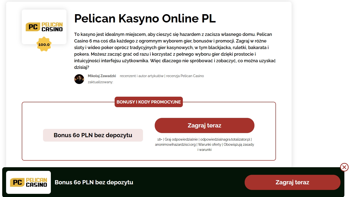 Pelican Casino to dobre miejsce dla fanów gier hazardowych – oferuje bonus 60 zł bez depozytu za rejestrację, co pozwala na testowanie gier bez ryzyka.