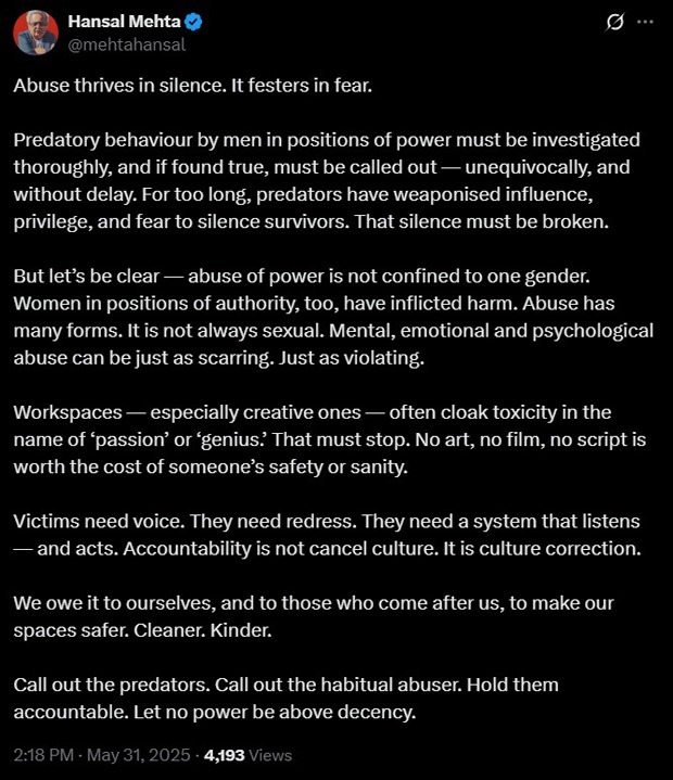 Hansal Mehta demands accountability amid sexual misconduct allegations against Pratik Shah: “Abuse thrives in silence”
