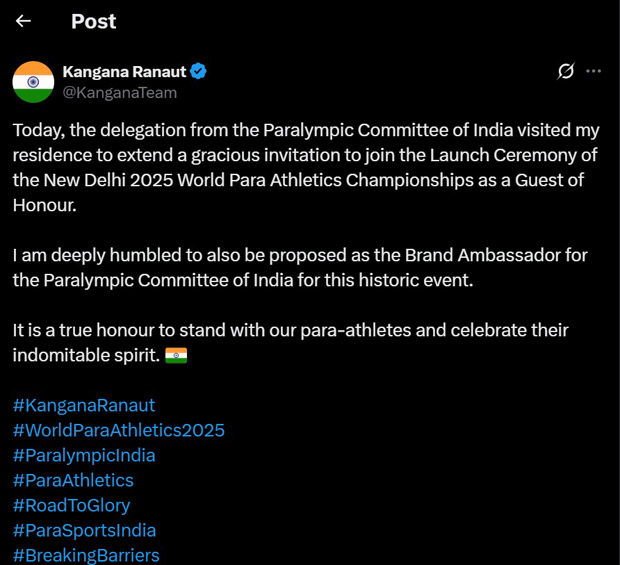 Kangana Ranaut gets invited as Guest of Honour for the launch New Delhi 2025 World Para Athletics Championships
