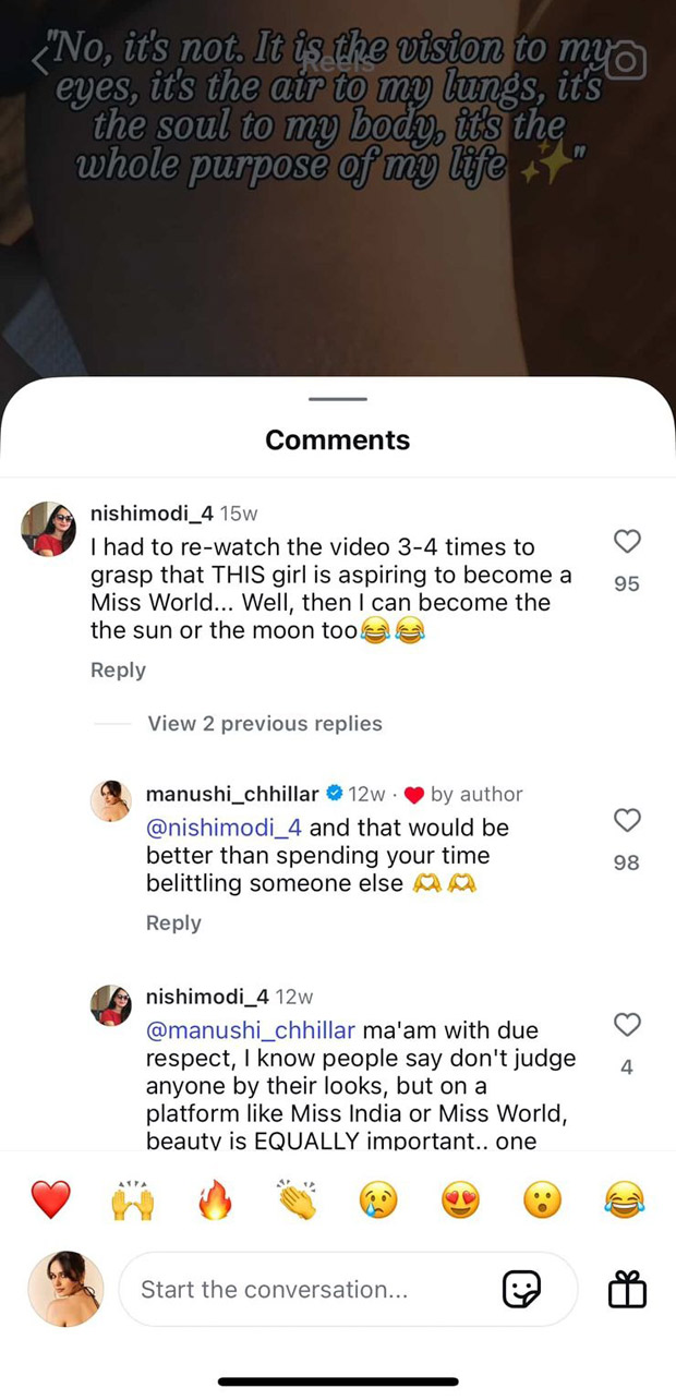 Manushi Chhillar comes in support of Miss World aspirant who gets mocked for Miss World Crown tattoo