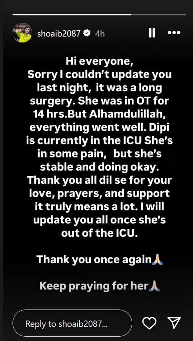 Shoaib Ibrahim shares update on wife Dipika Kakar’s successful 14-hour liver Cancer surgery, thanks fans for support