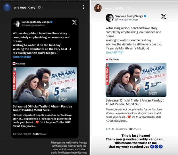 Sandeep Reddy Vanga praises Saiyaara trailer; Ahaan Panday and Aneet Padda react