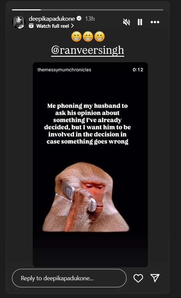 Deepika Padukone hilariously trolls Ranveer Singh with relatable meme “Me phoning my husband to ask his opinion about something I've already decided”
