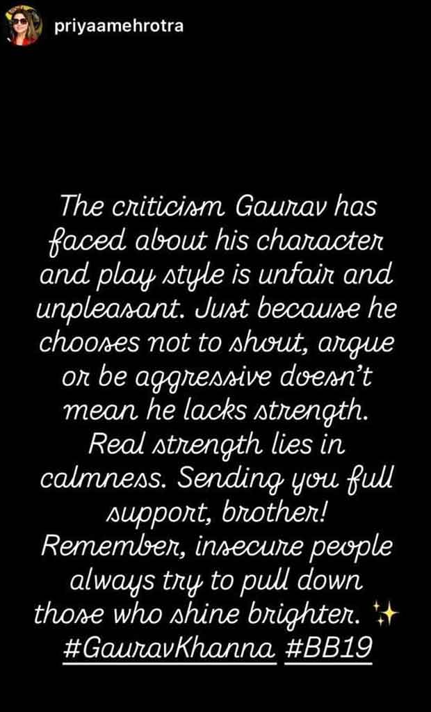 Bigg Boss 19: Gaurav Khanna receives support as sister Priya Mehrotra slams criticism saying “Insecure people pull down those who shine brighter”