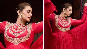 Huma Qureshi wears Abu Jani Sandeep Khosla’s creation at TIFF, featuring power shoulders, crushed silk, and hand-embroidered Zardozi