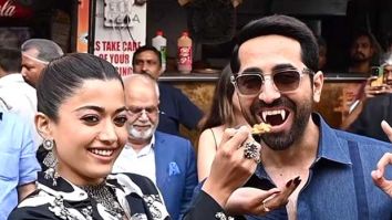 Ayushmann Khurrana flashes fake vampire teeth as he and Rashmika Mandanna promote Thamma in Delhi