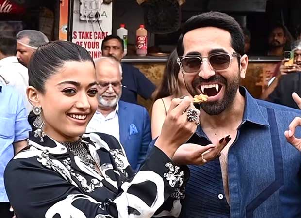 Ayushmann Khurrana flashes fake vampire teeth as he and Rashmika Mandanna promote Thamma in Delhi