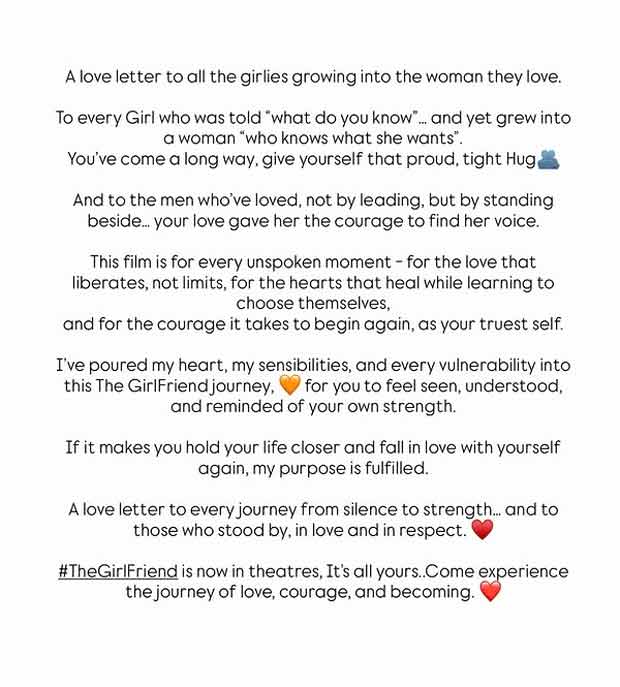 Rashmika Mandanna shares deeply emotional note as The Girlfriend releases in theatres: “A journey from silence to strength”