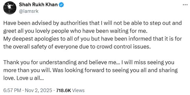 Shah Rukh Khan skips Mannat balcony tradition on 60th birthday, cites safety concerns: “My deepest apologies”