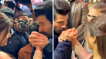 Vijay Deverakonda kisses Rashmika Mandanna’s hand at The Girlfriend success event in Hyderabad
